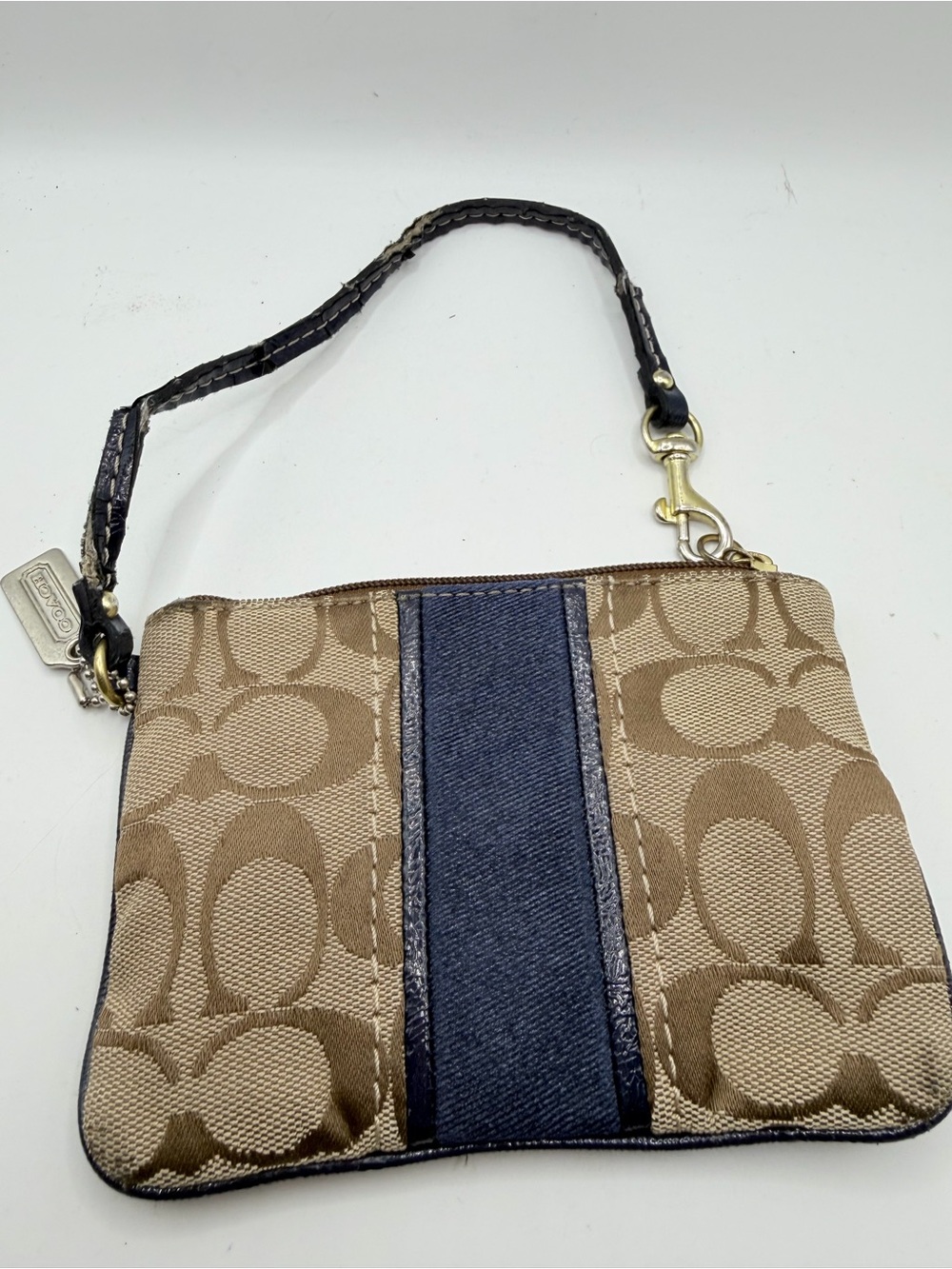 Coach Khaki Signature Canvas Wristlet with Navy Center Stripe